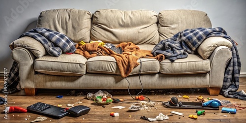 A worn-out couch is cluttered with discarded snacks, crumpled clothes, and abandoned electronics, epitomizing the epitome of laziness in a messy, comfort-driven atmosphere. photo