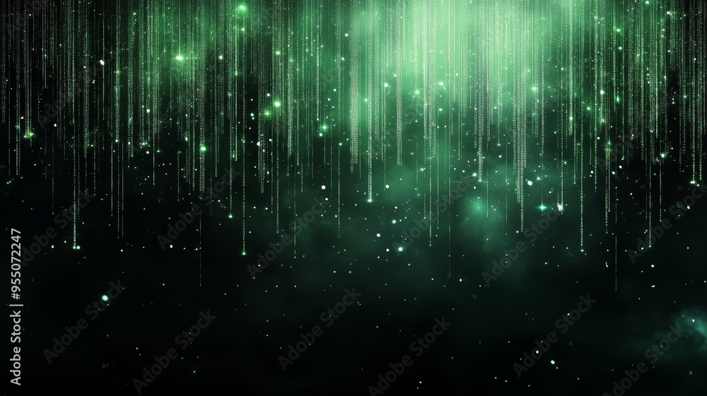 A striking green background with glowing particles and vertical light streaks, perfect for creating a mystical or cosmic atmosphere. A striking green background with glowing particles and vertical light streaks, perfect for creating a mystical or cosmic atmosphere.