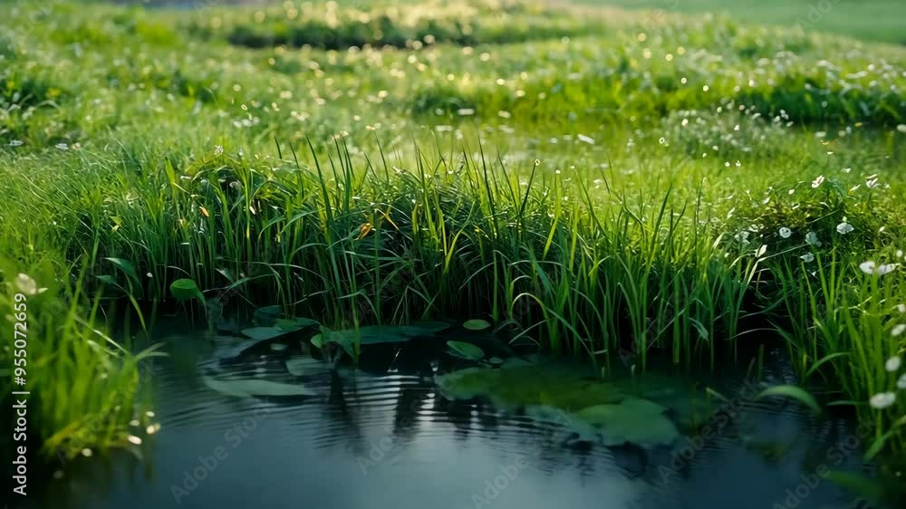 Crystal clear water ripples gently in a lush grassy area surrounded by fresh vegetation Crystal clear water ripples gently in a lush grassy area surrounded by fresh vegetation
