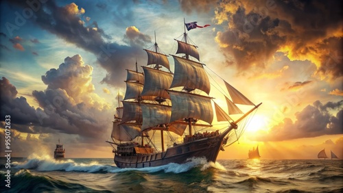 Old parchment illustration of a majestic pirate ship with billowing sails, cannon-adorned hull, and Jolly Roger flag, set against a subtle sea and sky backdrop.