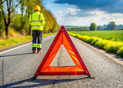 A yellow reflective vest and a red warning triangle on a rural road in France, emphasizing the importance of safety equipment for motorists. photo