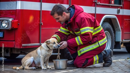 Firefighter Giving Water to a Dog Near a Fire Truck