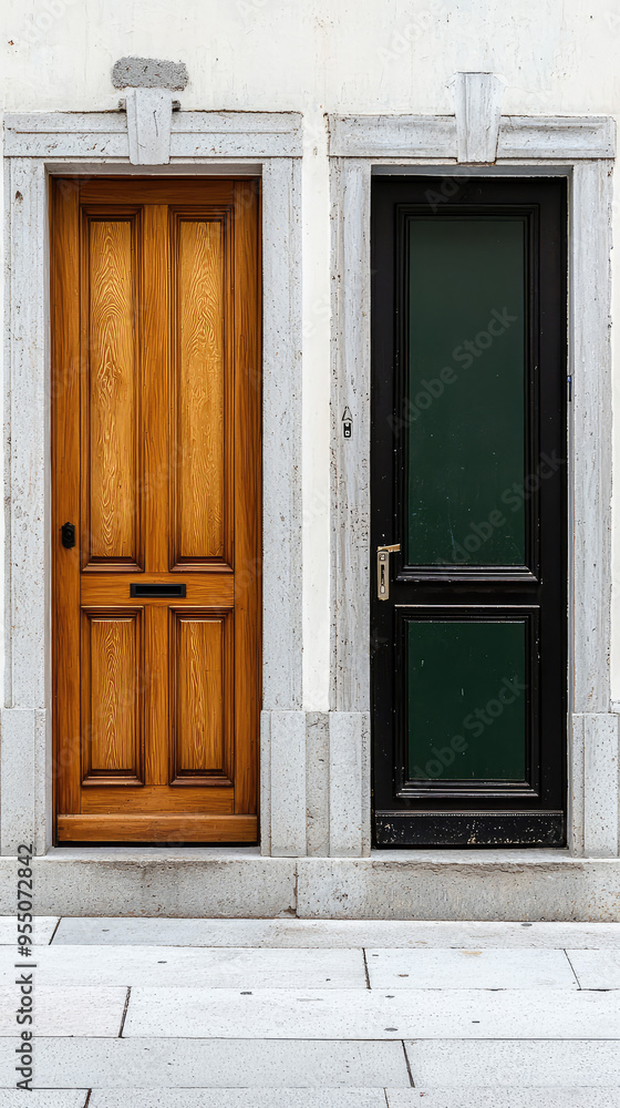 Fototapeta premium A Tale of Two Doors: A Rustic Wooden Door Beside a Modern Black One, Both Leading to Different Destinies.