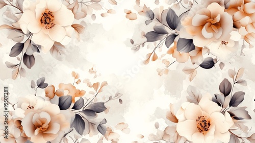 Delicate floral pattern featuring soft peach and cream blossoms, surrounded by elegant leaves, perfect for design projects.