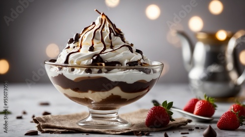 Chocolate sundae topped with whipped cream and chocolate syrup in glass dish. photo