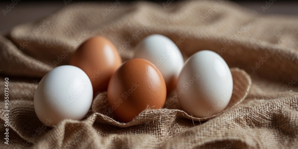 Fresh organic brown and white eggs lying on rustic sackcloth. Fresh organic brown and white eggs lying on rustic sackcloth.