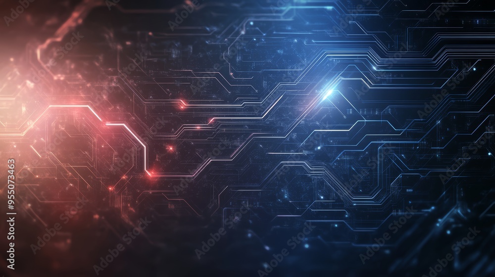 Abstract technology background featuring glowing circuit patterns in red and blue hues, perfect for digital designs and innovation themes. Abstract technology background featuring glowing circuit patterns in red and blue hues, perfect for digital designs and innovation themes.