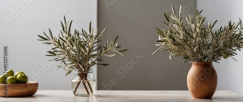 Olive branches in a vase and wooden board over the white tile wall. photo