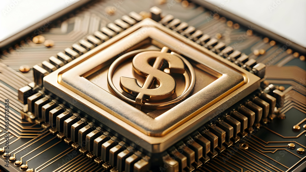 Modern 3D AI Chip with Money Flow Symbol Illustration for Financial Management Efficiency - Isolated Vector Concept on White Background Modern 3D AI Chip with Money Flow Symbol Illustration for Financial Management Efficiency - Isolated Vector Concept on White Background
