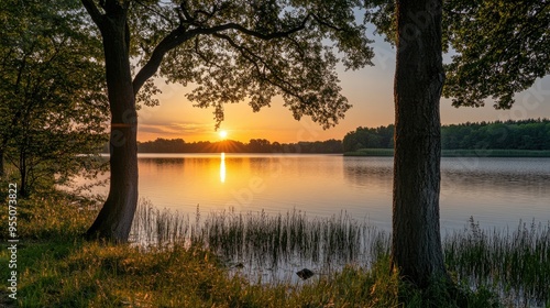 A peaceful summer evening with a sunset over a calm lake and silhouetted trees, creating a tranquil atmosphere