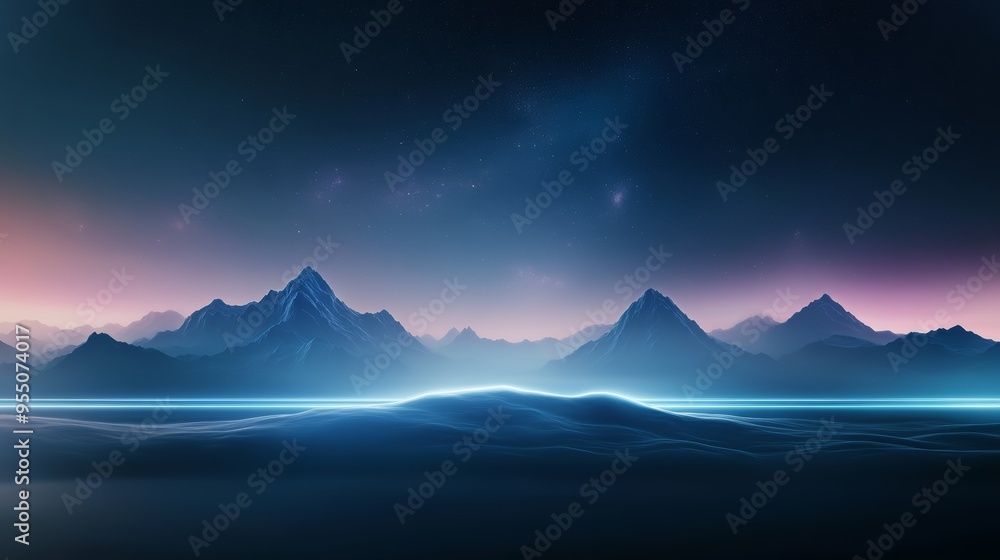 Naklejka premium A serene mountain landscape at twilight, featuring glowing peaks and a calm shoreline under a starry sky.