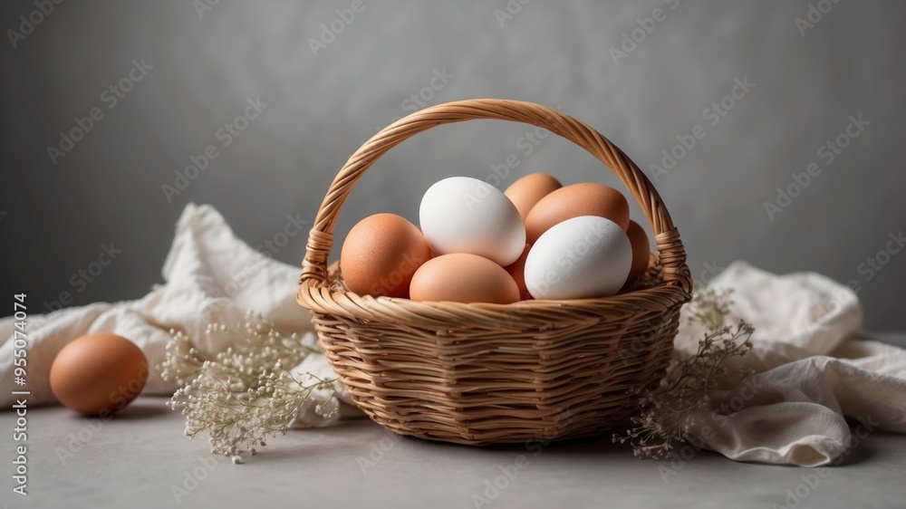 Eggs in a basket on a neutral background. Eggs in a basket on a neutral background.