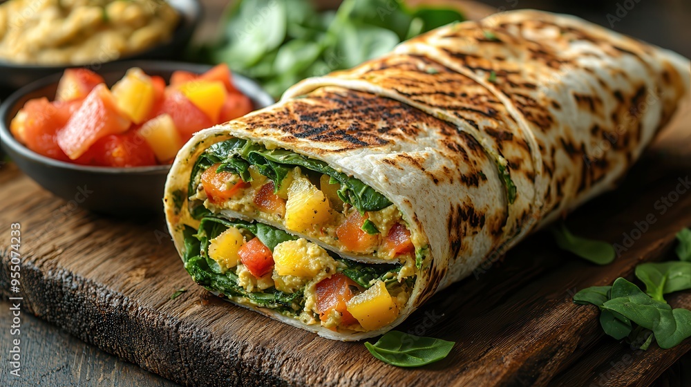 Vibrant Veggie Wrap with Hummus, Spinach, Carrots, and Bell Peppers, Served with Fresh Fruit on the Side Vibrant Veggie Wrap with Hummus, Spinach, Carrots, and Bell Peppers, Served with Fresh Fruit on the Side