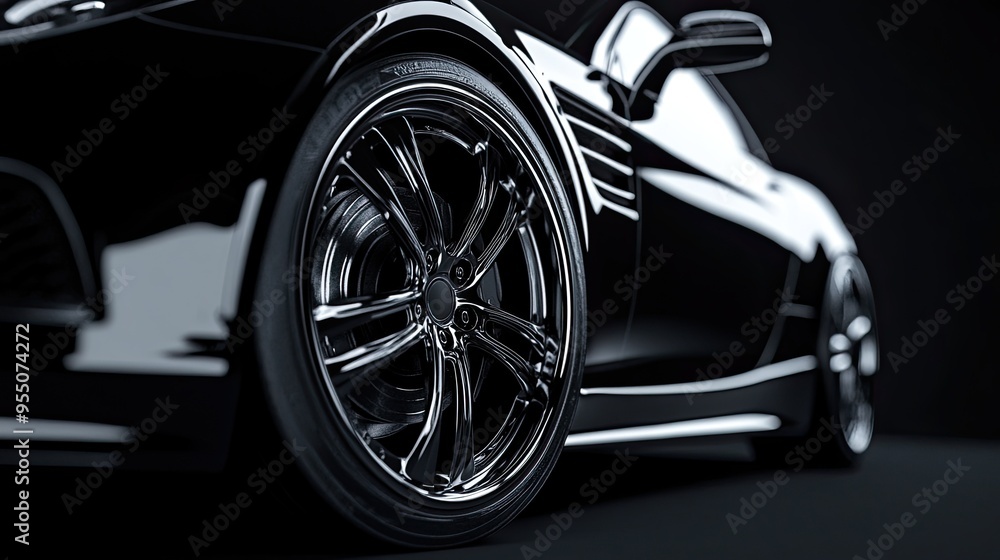A close-up view of a sleek, polished alloy wheel on a modern sports car, showcasing its intricate design and metallic shine A close-up view of a sleek, polished alloy wheel on a modern sports car, showcasing its intricate design and metallic shine