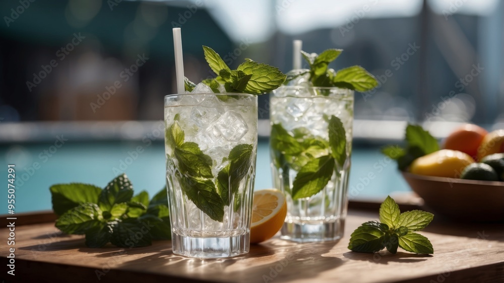 Refreshing iced drink with mint leaves in clear glass on table. Refreshing iced drink with mint leaves in clear glass on table.