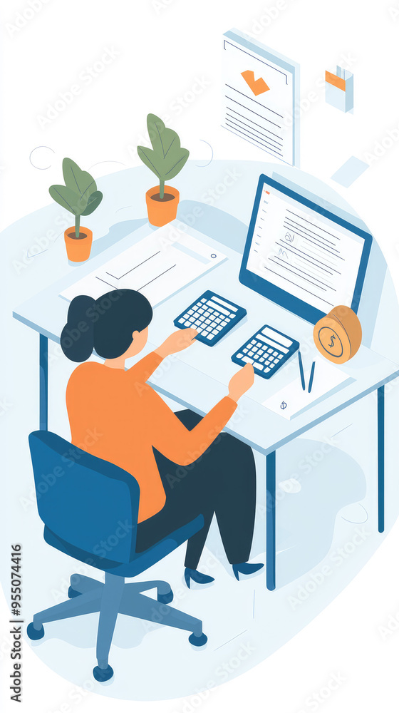 A Woman Focused on Finances: Concentrated on calculations with a calculator, she meticulously analyzes financial data in a modern office setting. A Woman Focused on Finances: Concentrated on calculations with a calculator, she meticulously analyzes financial data in a modern office setting.