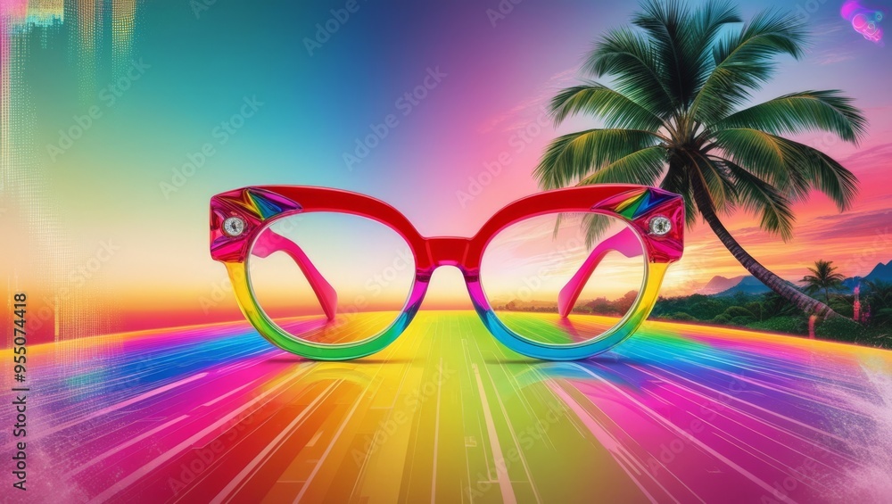 Large colorful glasses with 80s design, retro gradient background, vaporwave style.