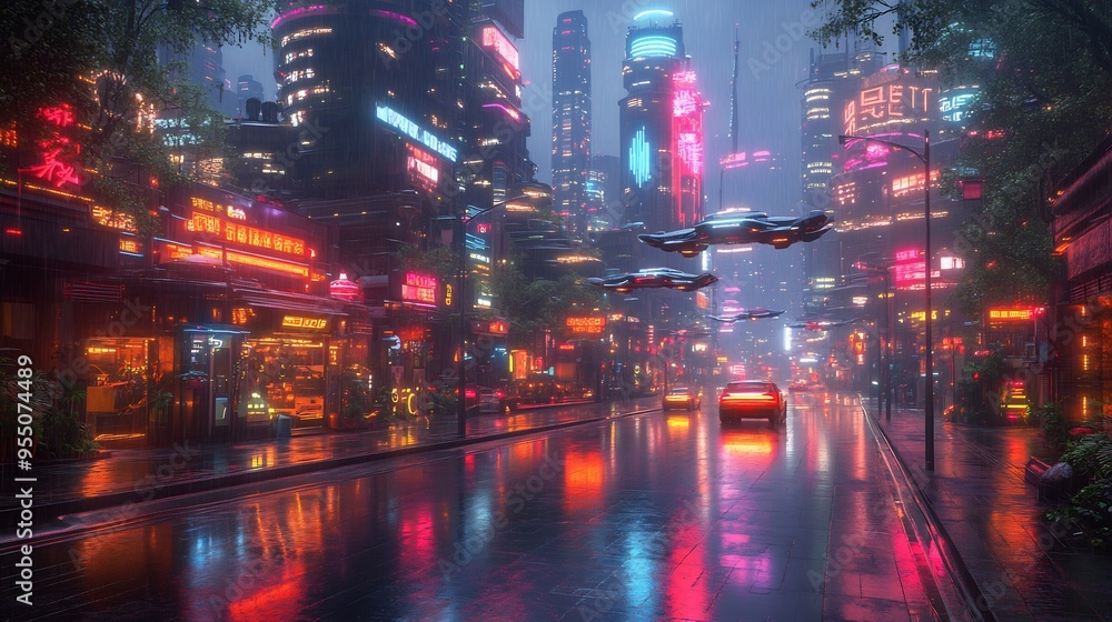 Futuristic cityscape night with neon lights flying cars and towering skyscrapers reflecting on wet streets Futuristic cityscape night with neon lights flying cars and towering skyscrapers reflecting on wet streets