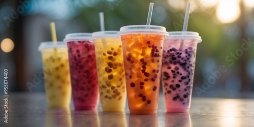 Colorful Bubble Tea Drinks in Plastic Cups. photo