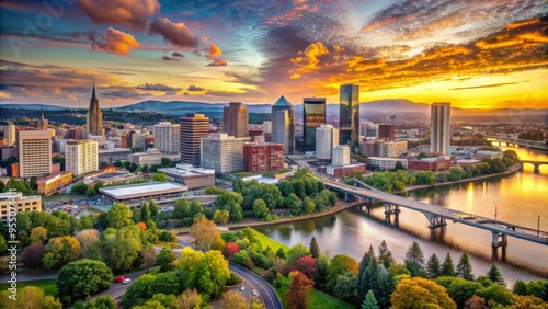 Panoramic view of Portland's vibrant cityscape at sunset, showcasing modern skyscrapers, historic bridges, and bustling streets surrounded by lush green forests and Willamette River. photo