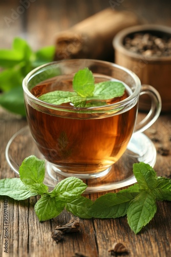 A Glass Cup of Tea with Mint Leaves on a Wooden Table