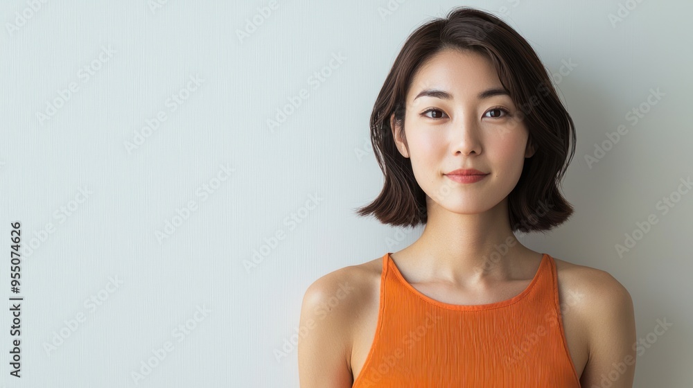 Obraz premium A Japanese woman in an orange tank top poses for a photograph, set against a white background in a studio portrait. She has a brown bob hairstyle, and the close-up, 