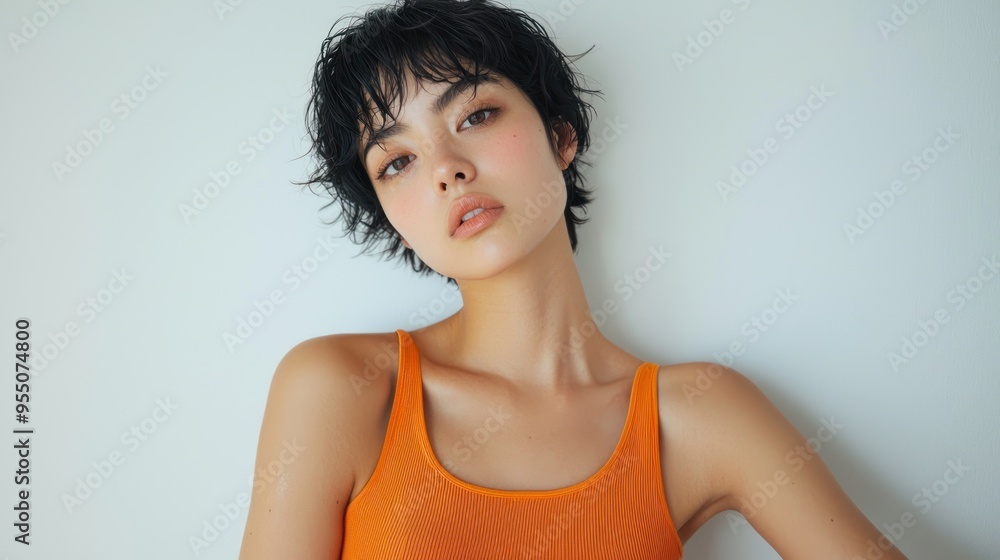 A Japanese woman in an orange tank top poses for a photograph, set against a white background in a studio portrait. She has a brown bob hairstyle, and the close-up, A Japanese woman in an orange tank top poses for a photograph, set against a white background in a studio portrait. She has a brown bob hairstyle, and the close-up,