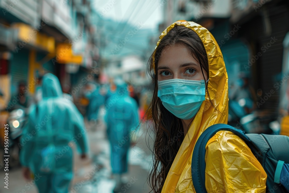 Woman in Protective Gear and Face Mask Walking Through Busy City Street Woman in Protective Gear and Face Mask Walking Through Busy City Street