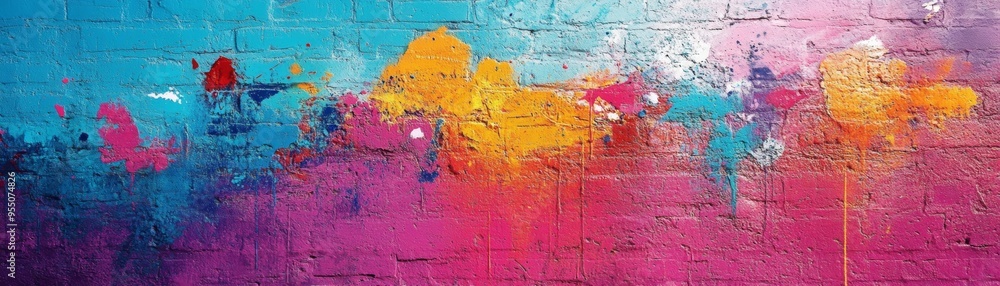 Fototapeta premium Vibrant abstract mural showcasing a blend of blue, orange, and pink colors, perfect for artistic inspiration and modern decor.