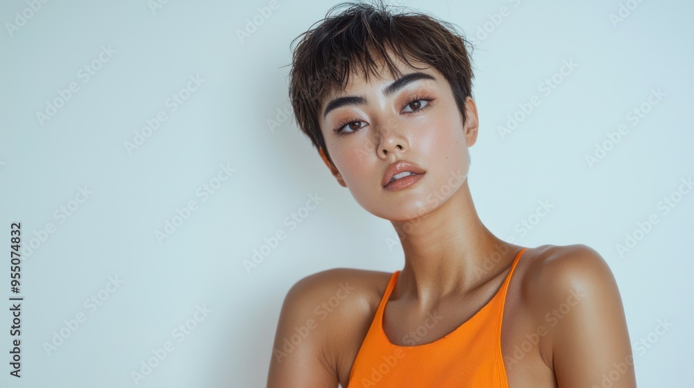 A Japanese woman in an orange tank top poses for a photograph, set against a white background in a studio portrait. She has a brown bob hairstyle, and the close-up, A Japanese woman in an orange tank top poses for a photograph, set against a white background in a studio portrait. She has a brown bob hairstyle, and the close-up,