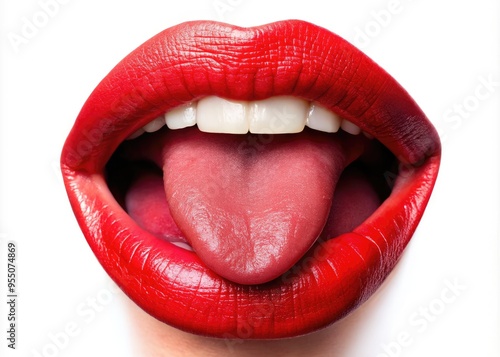 Close-Up Image Of A Bright Red Tongue Teasingly Sticking Out From An Open Mouth, Forming The Shape Of A Playful Emoji. photo