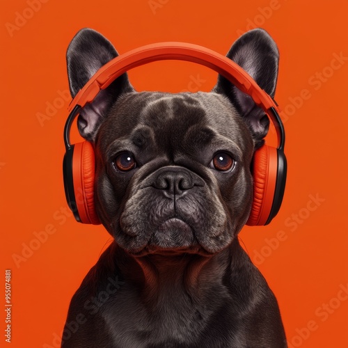 Energetic DJ French Bulldog: Vibrant Orange Background for Pet Party Concept. AI-Generated Creative Illustration for Nightclubs, Music Events, Pet Website Banners, Postcards, NFT Art, and Marketing Ca photo