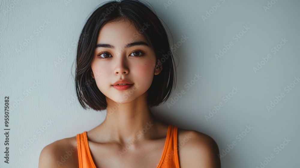 A Japanese woman in an orange tank top poses for a photograph, set against a white background in a studio portrait. She has a brown bob hairstyle, and the close-up, A Japanese woman in an orange tank top poses for a photograph, set against a white background in a studio portrait. She has a brown bob hairstyle, and the close-up,