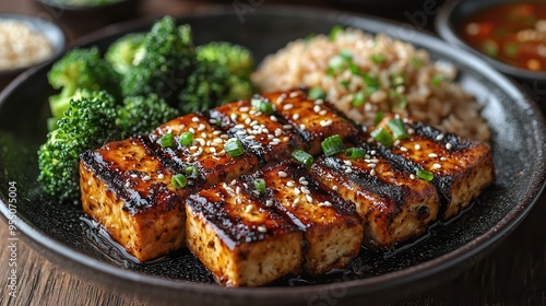 Healthy Vegan Meal - Grilled Tofu with Broccoli, Brown Rice, and Sesame Seeds