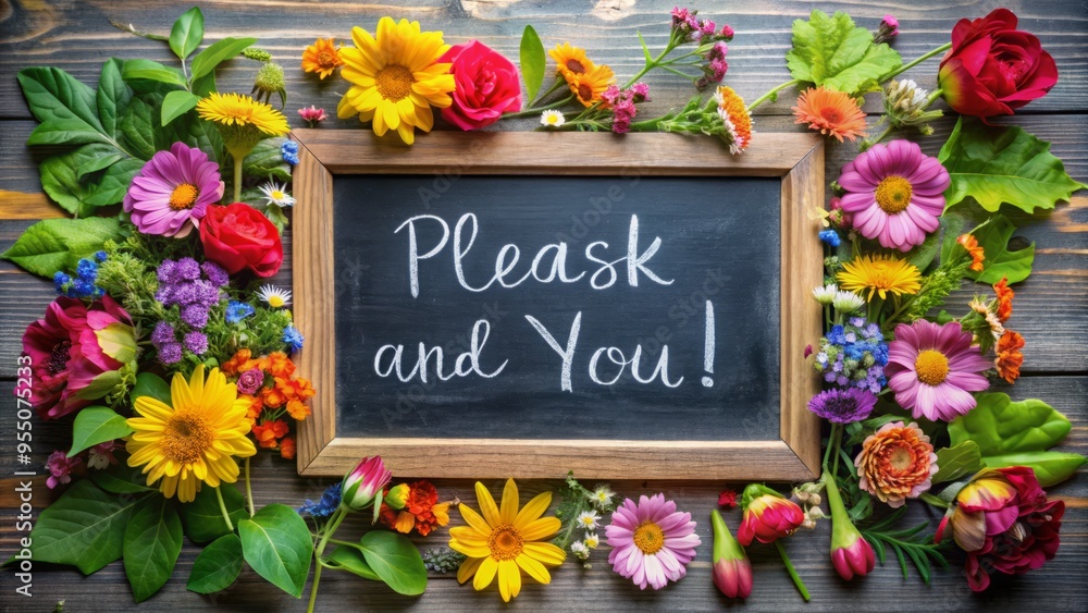 Polite words "please" and "thank you" written in colorful chalk on a ...