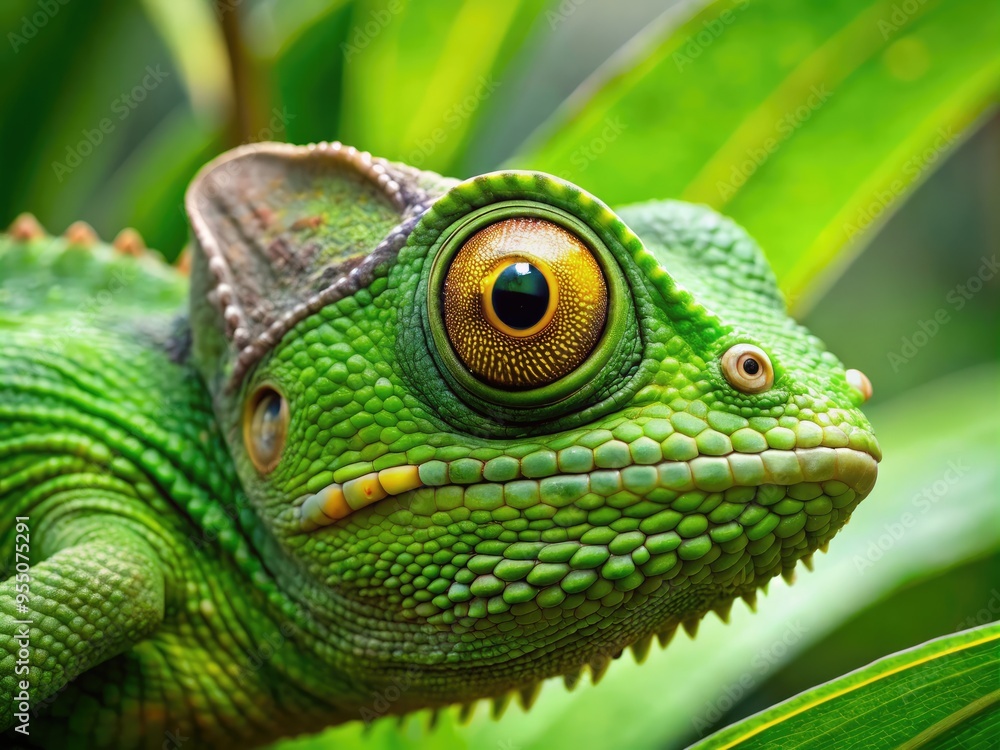 Obraz premium Close-Up Of A Green Chameleon With Bumpy Skin And Large, Bulging Eyes Perched On A Leaf