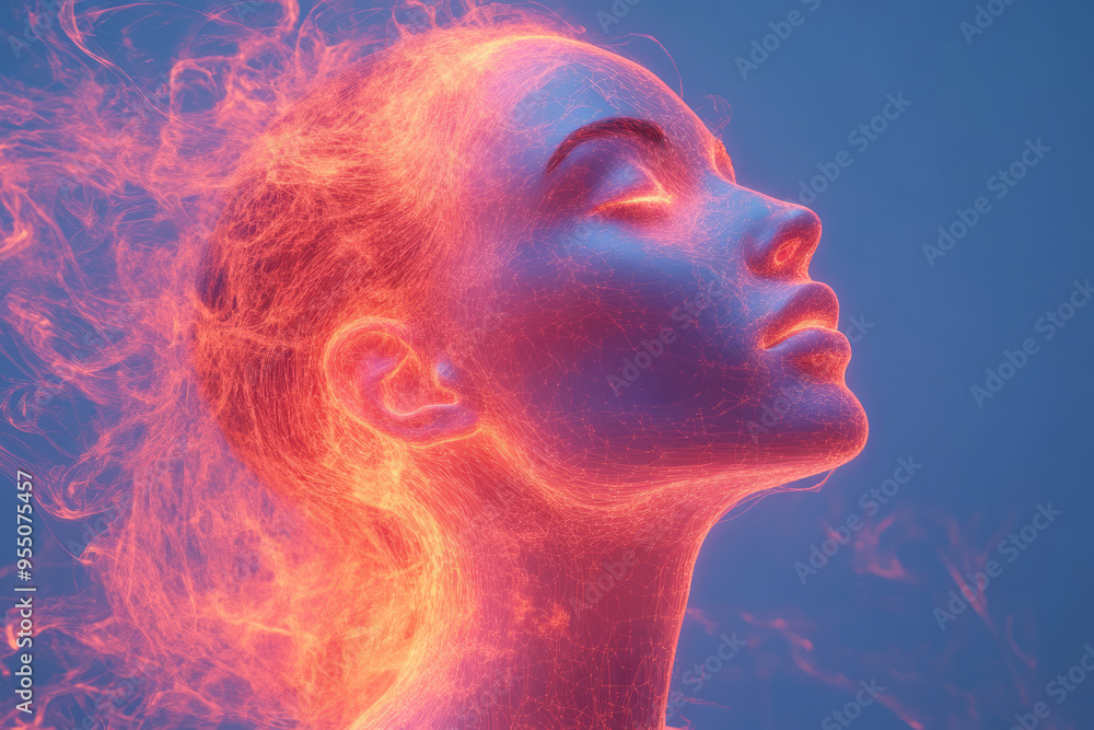 A surreal depiction of a head made of glass, with neon light trails streaming out from the open top, forming a cosmic pattern, isolated on a pastel blue background, A surreal depiction of a head made of glass, with neon light trails streaming out from the open top, forming a cosmic pattern, isolated on a pastel blue background,