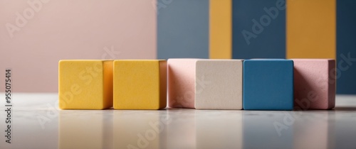 Blue and yellow blocks in a line with the yellow block standing out as the obvious choice on a light pink background. photo