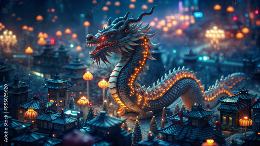 Fototapeta premium Luminous dragon statue guarding futuristic cityscape with neon lights at night