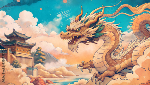 Majestic golden dragon soaring through vibrant clouds in traditional Asian style
 photo