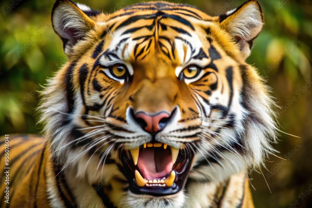 Naklejka premium Close-up of a tiger's powerful jaws, showcasing razor-sharp, yellow-tinged teeth, with a subtle hint of whiskers and a warm, golden-brown fur background.