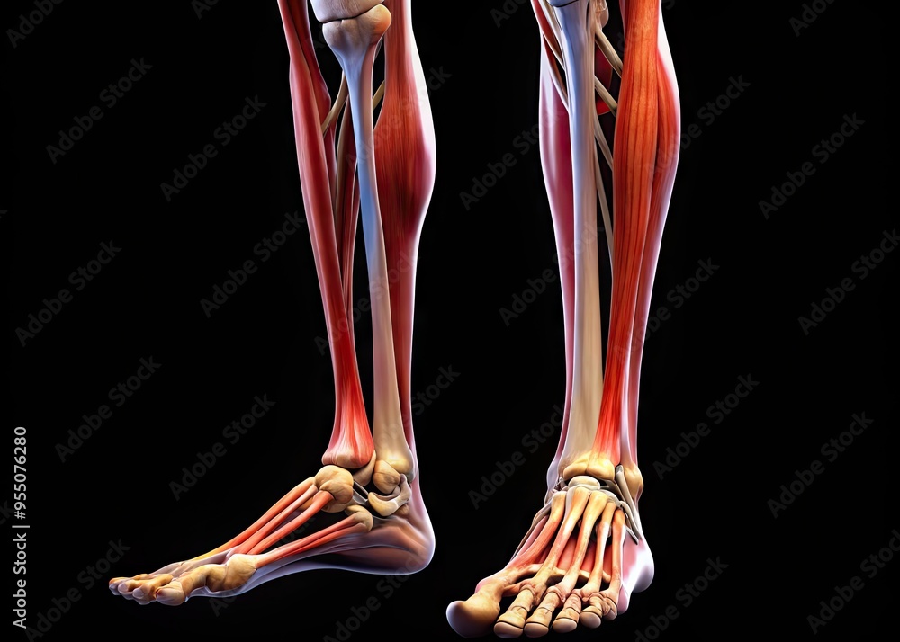 Close-up of human leg anatomy showing knee joint, calf muscle, tibia and fibula bones, ankle and foot structure in detailed high-contrast image. Close-up of human leg anatomy showing knee joint, calf muscle, tibia and fibula bones, ankle and foot structure in detailed high-contrast image.