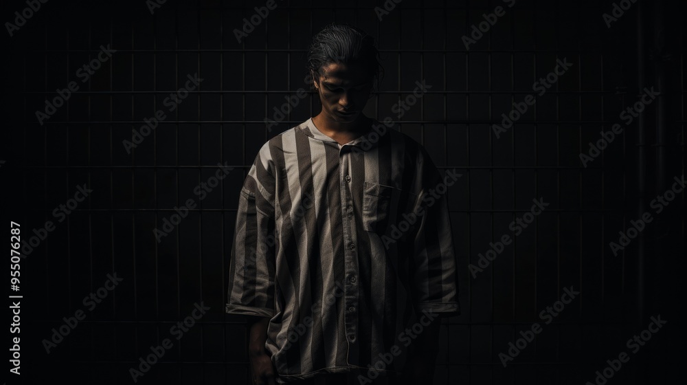 A front view photo of a prisoner with prison clothes standing far away. Neural network ai generated art A front view photo of a prisoner with prison clothes standing far away. Neural network ai generated art