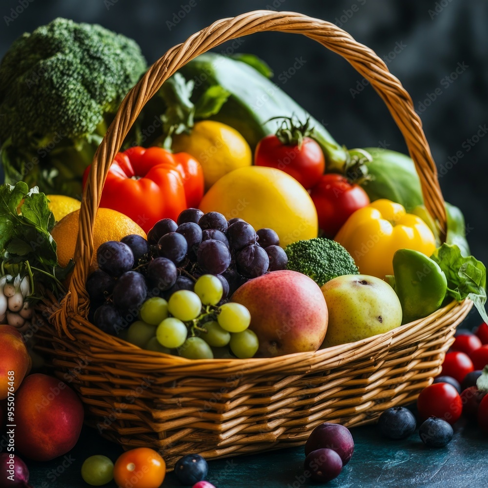 Fresh organic fruits and vegetables in wicker basket Fresh organic fruits and vegetables in wicker basket