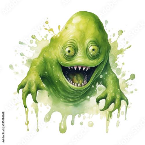 A Green, Smiling Monster with Large Eyes and Sharp Teeth Emerges from a Splash of Goo photo