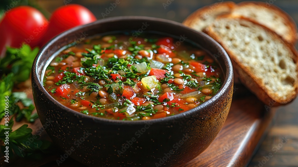 Cozy Lentil Soup with Mixed Vegetables and Fresh Herbs, Served with Whole-Grain Bread Cozy Lentil Soup with Mixed Vegetables and Fresh Herbs, Served with Whole-Grain Bread
