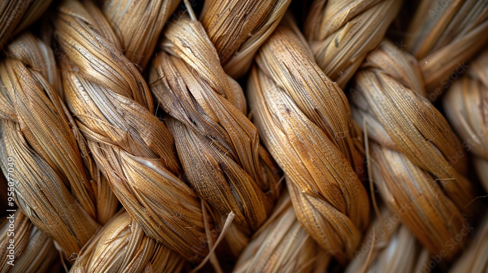 Close-up of woven natural fibers, showing the texture and pattern of the interwoven strands. Close-up of woven natural fibers, showing the texture and pattern of the interwoven strands.
