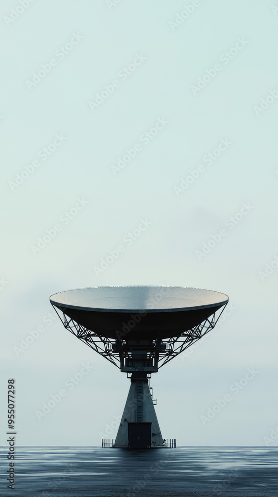 A Silhouetted Radar Dish Stands Tall Against a Hazy Sky, a Symbol of Technological Reach and Observation. A Silhouetted Radar Dish Stands Tall Against a Hazy Sky, a Symbol of Technological Reach and Observation.