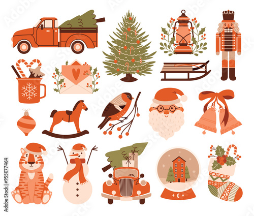 Merry Christmas. Happy New Year. Big collection of cosy cliparts. Pickup truck with fir tree, nutcracker, santa, snow globe, tiger, bullfinch, rocking horse, bell, vintage car, snowman, holly berries.