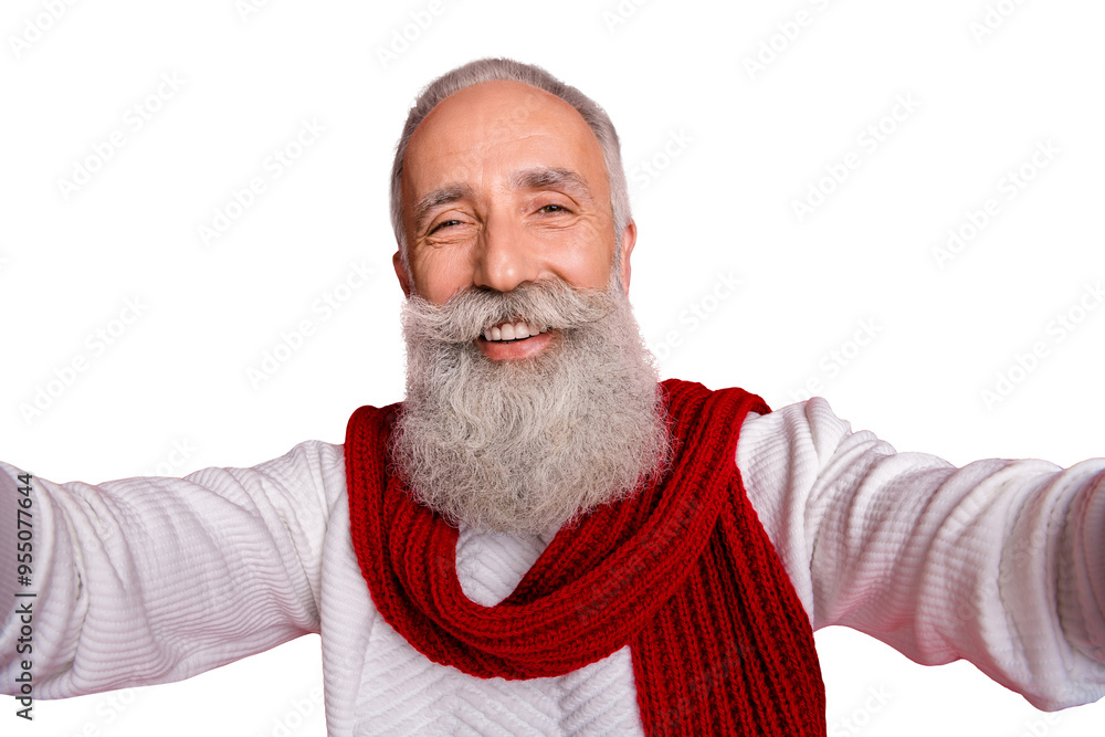 Self-portrait of his he nice attractive well-groomed cheerful cheery gray-haired man having fun time isolated over bright vivid shine red background Self-portrait of his he nice attractive well-groomed cheerful cheery gray-haired man having fun time isolated over bright vivid shine red background
